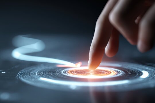 Finger activating a futuristic interface with glowing circles and trails. - Powered by Adobe