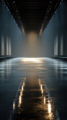 Dramatic empty runway illuminated by soft lighting, showcasing reflective surfaces and a misty atmosphere, creating a captivating scene for fashion or performance events