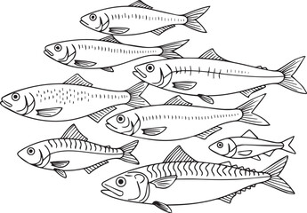 sea fish, sprat, herring, mackerel, little fish doodle hand drawn icon. Outline drawing sea fish, herring, mackerel, little fish line clipart symbol.