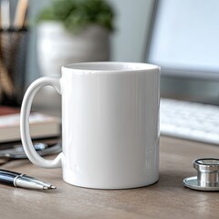 White mug on a light brown wooden desk