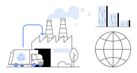 Recycling truck at industrial factory, smoke from chimneys, bar chart, globe. Ideal for environment, sustainability, waste management, recycling, industrial growth global impact simple flat