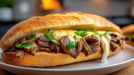 Delicious Philly Cheesesteak Sandwich With Green Onions