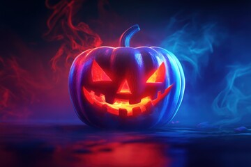 Glowing Carved Pumpkin with Red and Blue Hues on Reflective Surface