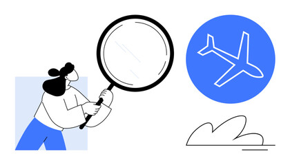 Woman holding magnifying glass near airplane icon, highlighting travel exploration, vacation planning, and discovery. Ideal for journey, research, booking, tourism, adventure exploration simple