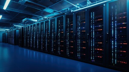 Modern data center with rows of high-tech computer servers illuminated by blue LED lights, ideal for IT infrastructure, cloud computing, and technology presentations