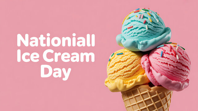 National Ice Cream Day celebration with colorful ice cream scoops in a waffle cone against a pink background