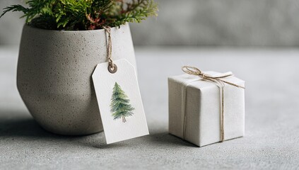 Minimalist festive plant with Christmas tree gift tag and wrapped present.