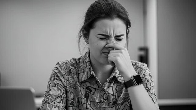 Woman pinching her nose in disgust