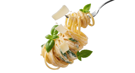 Creamy spaghetti twirled on a fork with fresh basil and parmesan cheese, a delicious and quick meal ready to eat