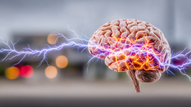 A visually striking representation of a brain with electric sparks, symbolizing thoughts, ideas, and mental energy in action.