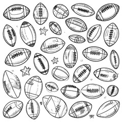 Black and white doodle pattern of American footballs