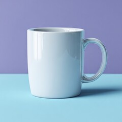 Simple white ceramic coffee mug on a blue and purple background.