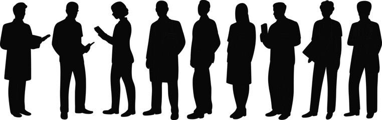 Business people silhouette, group of professionals standing and talking, office teamwork, corporate communication, colleagues discussion, workplace collaboration vector illustration
