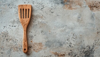 Wooden kitchen spatula utensil on a rustic textured stone background with copy space for text.