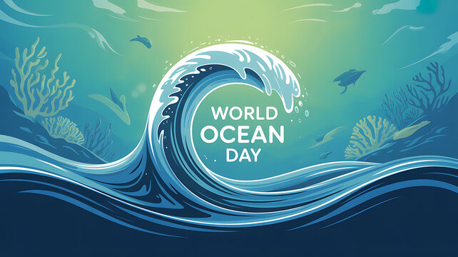 Illustration of a large ocean wave with marine life and coral reefs celebrating World Ocean Day