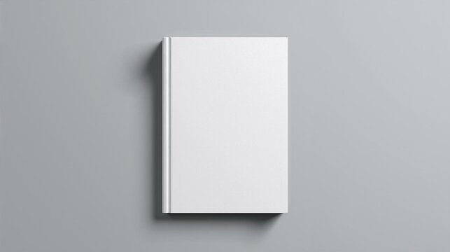 Top-down view of a closed, blank white hardcover book mockup resting on a neutral gray background, casting a soft shadow.