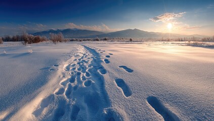 Footprints on a snowy path leading towards mountains at sunrise.