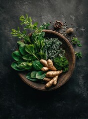 Fresh Herbal Ingredients with Turmeric and Spices in a Rustic Bowl.