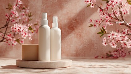White cosmetic spray bottles on a podium with cherry blossom branches for a natural beauty product mockup.