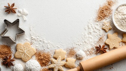 Christmas holiday baking background with cookies flour and spices.