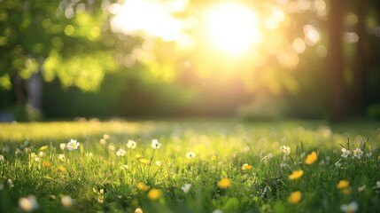 Sunlight streams through green trees, illuminating a field of small white and yellow wildflowers in soft focus, creating a warm and serene spring meadow atmosphere