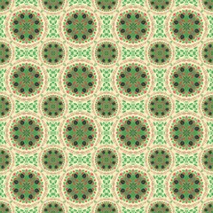 abstract seamless pattern,green, red curves,painted create to flower shape,leaves with yellow background in geometric patterns as sarong,fabric,tile,printed fabric,batik,tablecloth patterns.