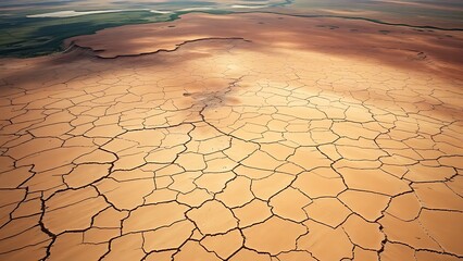 A cracked desert basin with grid lines, representing sudden ecological collapse.