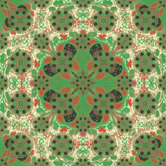 Use green, red curves,painted create to flower shape,leaves with yellow background in geometric patterns as sarong,fabric,tile,printed fabric,batik,tablecloth patterns. 