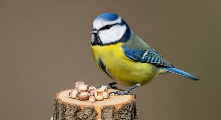 Vibrant Eurasian blue tit perched upon wooden stump enjoying hazelnuts
