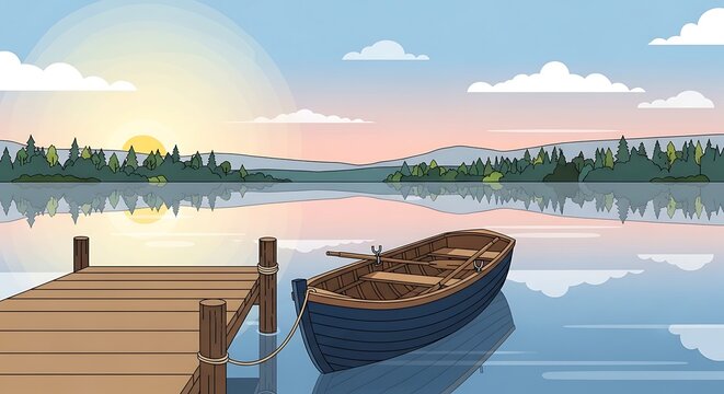 Boat on Lake at Sunrise.