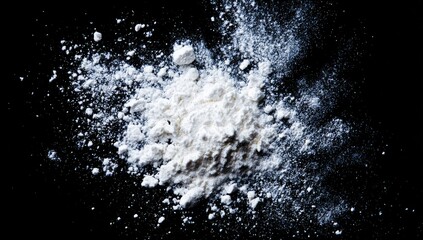 Explosion of fine white powder on a solid black background.