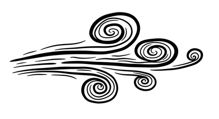 Whimsical Wind: Spiraling gusts in expressive monochrome illustration on white