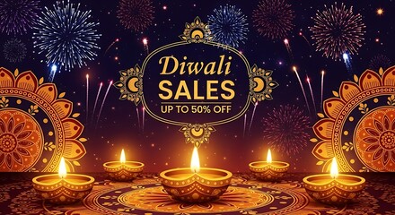 Experience the vibrant joy of Diwali sales, up to 50% off, with festive fireworks and glowing diyas, perfect for holiday promotions and cultural celebrations