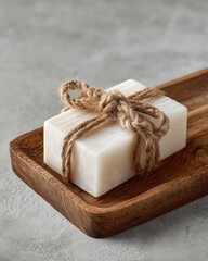 Natural handmade soap bar tied with jute rope on a wooden dish for spa and wellness.