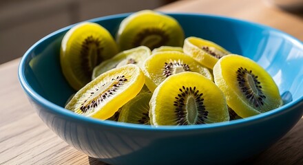 Vibrant golden kiwis in a blue bowl, a refreshing tropical delight