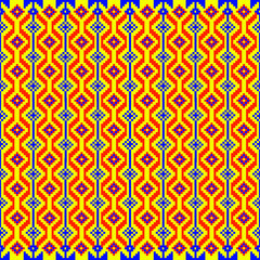 seamless geometric pattern
A bold and rhythmic geometric pattern featuring symmetrical diamond and zigzag shapes in vibrant red, yellow, blue, and black. Inspired by traditional folk textiles and mode