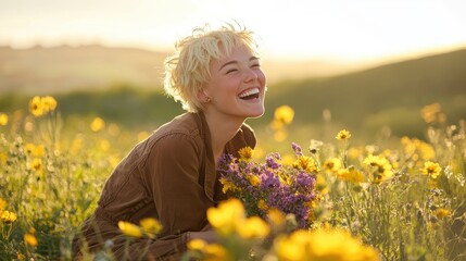 A happy young woman with short blonde hair laughs joyfully while holding a bouquet of wildflowers in a sundrenched meadow