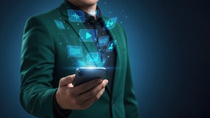 A businessman showing a floating media icons for ads and content, digital marketing and target audience, target marketing, futuristic smartphone marketing display
