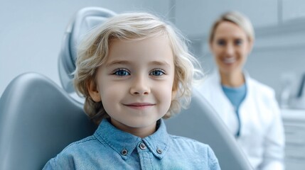 Fototapeta premium A smiling young boy sits in a dentist's chair, his happy expression reflecting the comfortable environment. A friendly dentist smiles in the background.