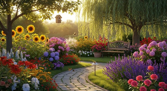 Enchanting Lush Garden Path at Golden Hour Sunset.