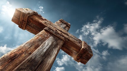 Wooden cross standing tall under cloudy dramatic sky