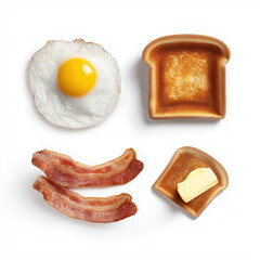 High-resolution cutout set: fried egg, bacon strip, toast slice & butter pat, isolated on transparent background
