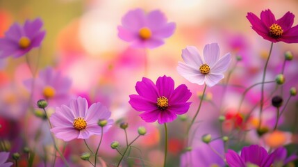 A closeup, softfocus view of vibrant pink and purple cosmos flowers blooming in a garden with a blurred, colorful background