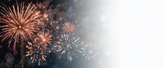 Pyrotechnic display of multiple colorful fireworks exploding against a dark night sky fading to transparent background