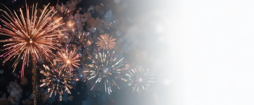 Pyrotechnic display of multiple colorful fireworks exploding against a dark night sky fading to transparent background