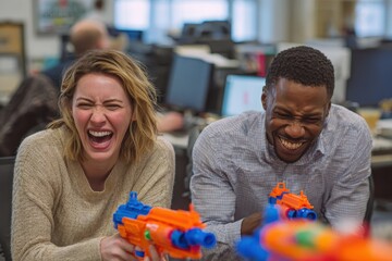 Joyful Office Antics - Colleagues Engage in Playful Water Gun Fight.