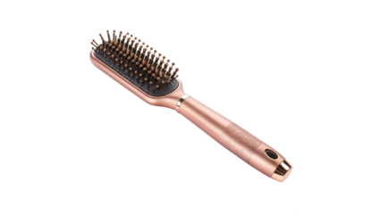 Stylish hairbrush with rose gold design isolated on transparent background