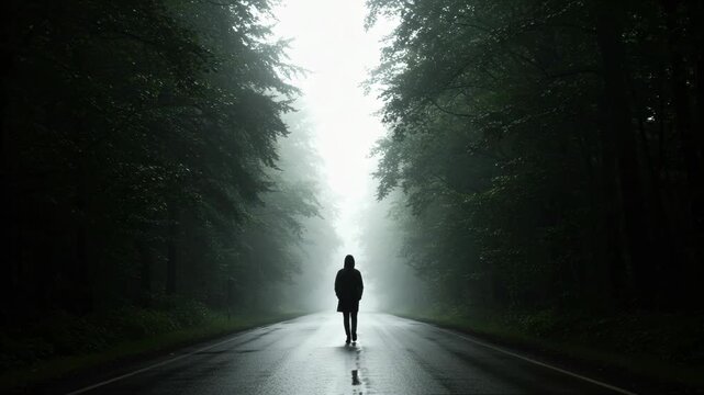 Lone figure walking down a misty, dark forest road at dawn