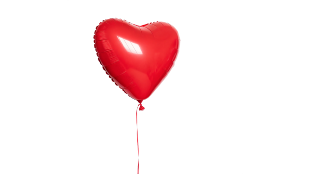 A red heart-shaped balloon is gently floating with a long string isolated on transparent background
