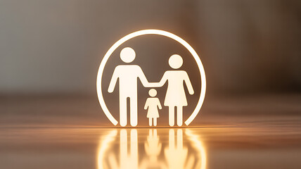 Illuminated family silhouette icon on wooden surface with reflection